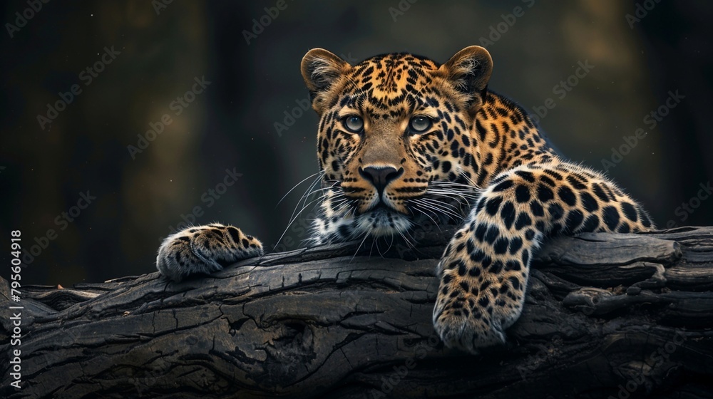 Obraz premium The Leopard’s Tranquil Vigil, the leopard’s calm yet alert state as it rests on a tree branch. Generative AI