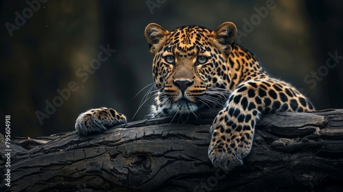 The Leopard’s Tranquil Vigil, the leopard’s calm yet alert state as it rests on a tree branch. Generative AI photo