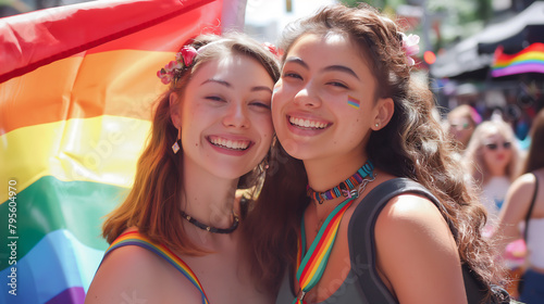 Happy smiling young woman lesbian couple with lgtbq flags celebrating gay pride month together. Lesbian couple raising a rainbow flag at a gay pride parade celebrating pride month. LGBTQ+, Lesbian photo