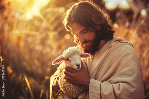 Depiction of Jesus Christ as Shepherd - Jesus Christ holding a Lamb - Blessing to Humanity - Imagination of Redemption and Faith. Beautiful simple AI generated image in 4K, unique. photo