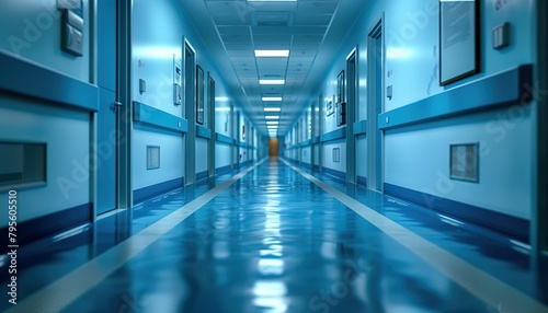 Empty modern hospital corridor background. Clinic hallway interior. Soothing ambiance in modern hospital corridor. Healthcare and medical center background. 