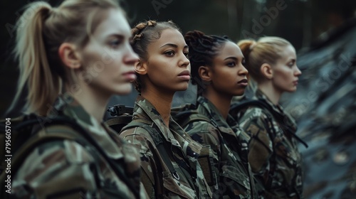 Diverse Female Soldiers Standing in Formation in a Forest Setting. Generative ai