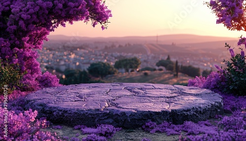 Empty product podium with lavender lilac arch matte paint whimsical set against a twilight cityscape 