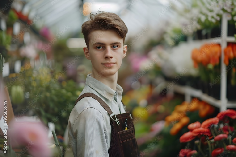 Young male florist posing in greenhouse small business owner in flower shop. Concept Male Florist, Greenhouse, Flower Shop, Small Business Owner, Poses - obrazy, fototapety, plakaty 