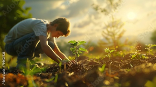Young Boy Planting Sapling in Sunlit Garden: A Moment of Growth and Care. Generative ai