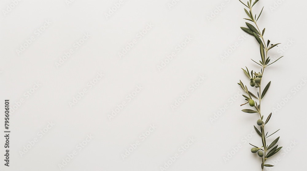The presence of an elegant olive twig against the bright white background adds a touch of sophistication to this minimalist composition, making it suitable for various design applications. The presence of an elegant olive twig against the bright white background adds a touch of sophistication to this minimalist composition, making it suitable for various design applications.