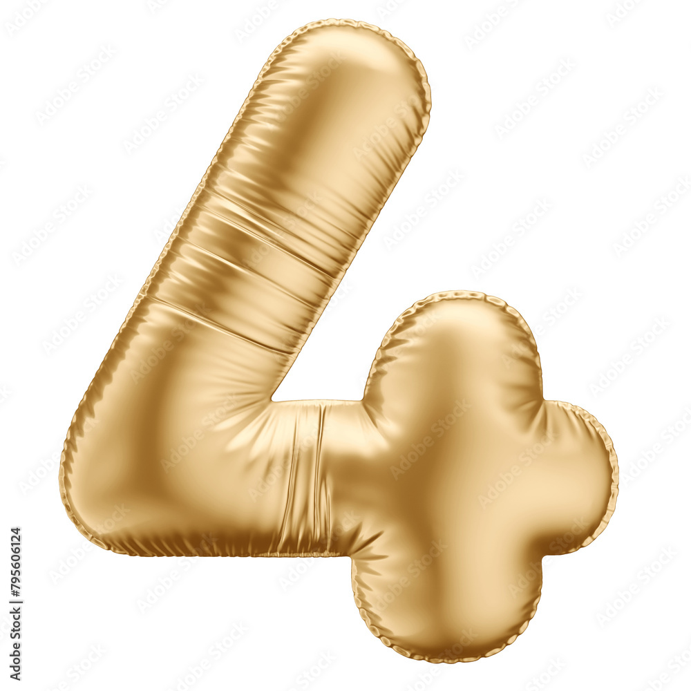 Golden 3D Balloon Number 4 with Transparent Background