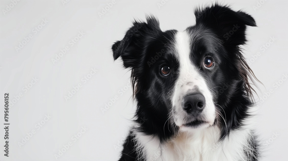 border collie puppy, dog, sitting, white background, mockup use, professional photography, black and white dog,