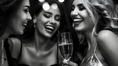 Group of woman friends laughing and enjoy in champagne night party. Clubbing event or birthday celebration. Happy woman friends with alcohol glasses