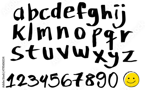 Vector handmade alphabet. Letters and numbers with irregular shapes, fun characters, loose lettering, typography in black isolated on white background. A to Z, 0 to 9, abc font set design.