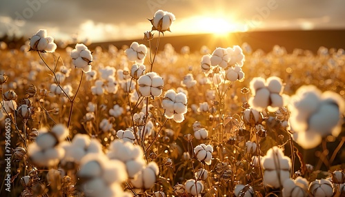 Farmer hand picking white boll of cotton. Cotton farm. Field of cotton plants. Sustainable and eco-friendly practice on a cotton farm. photo