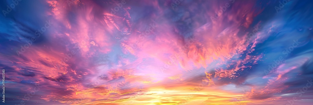 Obraz premium Majestic real sunrise or sundown sky background with gentle colorful clouds in a panoramic, large-scale format