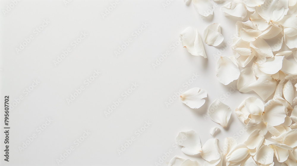 White petals delicately arranged to one side against a serene backdrop offer a quietly elegant ambiance. White petals delicately arranged to one side against a serene backdrop offer a quietly elegant ambiance.