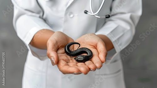 Close-up of a leech used in hirudotherapy on a doctor hands , showcasing an alternative medical treatment method focusing on health and wellness. Generative AI photo