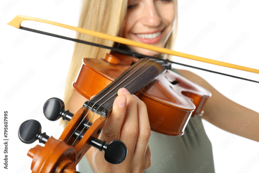 Beautiful woman playing violin on white background, closeup Beautiful woman playing violin on white background, closeup