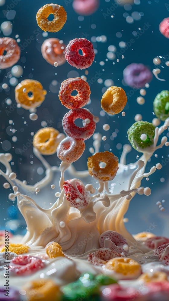 A lively and colorful scene of cereal rings and splashing milk, symbolizing a vibrant start to the day