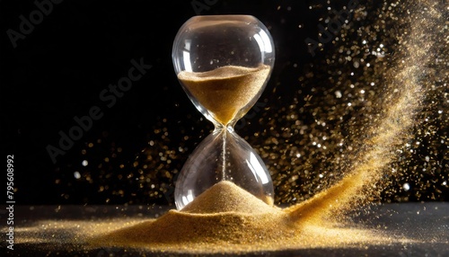 Golden shiny sand running through the bulbs of an hourglass measuring the passing time in a countdown to a deadline on black background 