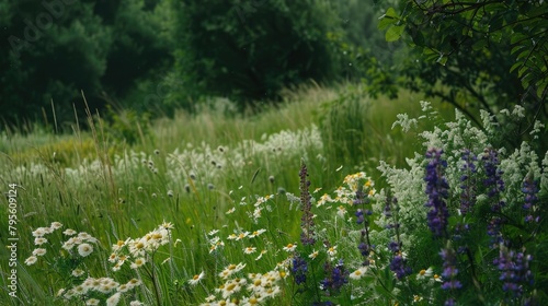 White and purple flowers on a green background of trees and meadows.