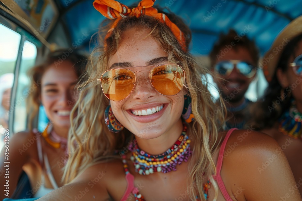 Happy young woman with sunglasses smiling inside a colorful van, surrounded by friends Happy young woman with sunglasses smiling inside a colorful van, surrounded by friends