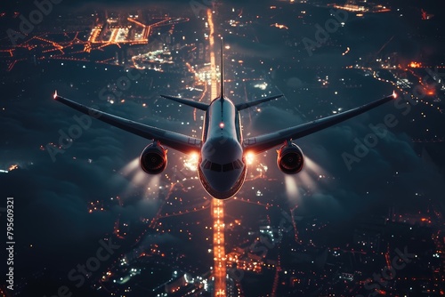 Nighttime Arrival: Passenger Plane Descending Over Urban Landscape
