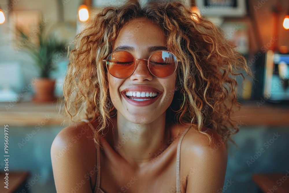 Relaxed young woman with curly hair and sunglasses giving a bright, friendly smile