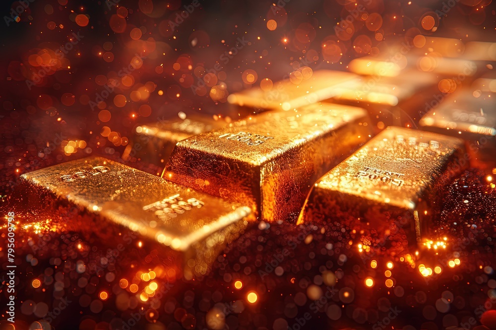 Falling gold bars on a red background. Financial crisis