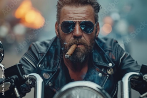 Portrait of a male biker, strength freedom, and individuality on the open road, adventurous spirit and the rebellious allure of the motorcycle, masculinity in motion. © Ruslan Batiuk