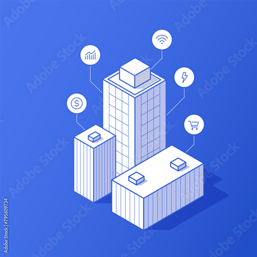Smart city isometric vector. illustrationFinancial and e-commerce building icons on blue, symbolizing commerce, internet, and energy.