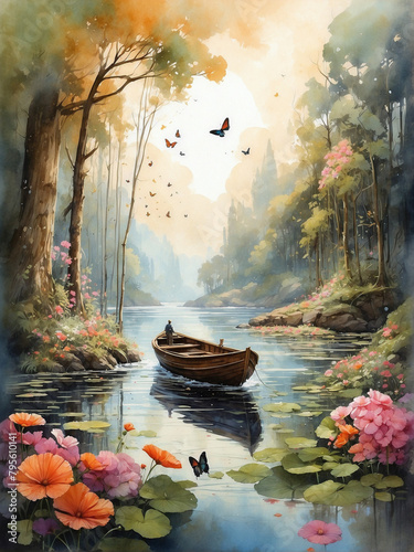 Tranquil River Scene: Boat Drifting Among Vibrant Flowers in Nature's Embrace