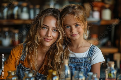 An older and younger girl with blue eyes smiling inside a vintage apothecary