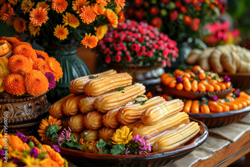 Traditional Mexican conchas and marigold flowers, ideal for cultural celebrations and culinary guides. Trendy Mexican food.
