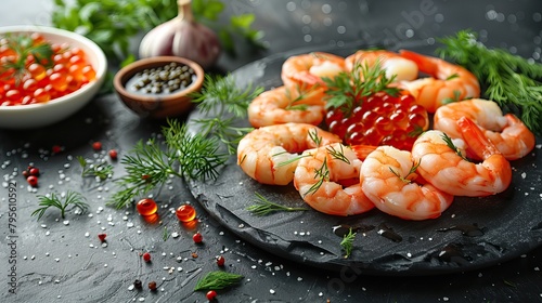 Beautiful seafood with vegetables and herbs on a dark stone background. Food advertising. Banner, menu.