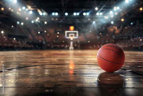 Basketball on court with arena lights