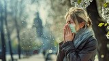 Woman suffering from seasonal pollen allergy on a street Generative AI