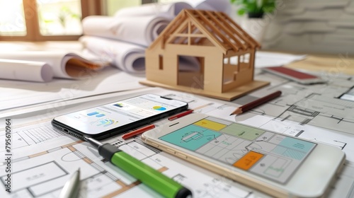 Energy efficiency screen on cellphone leaning on drawings and blueprints of a new house. Architect's desk with plans on it and a cell phone with an energy efficiency graph. Renewable energy concept.