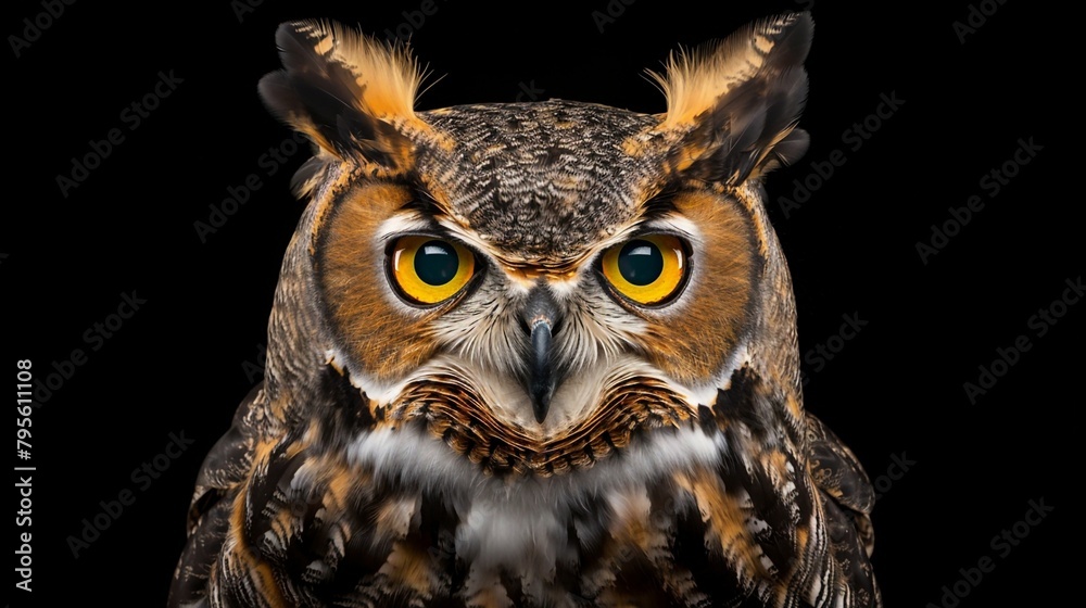 a close-up of an owl, The Intense Gaze of a Majestic Owl. Generative AI a close-up of an owl, The Intense Gaze of a Majestic Owl. Generative AI