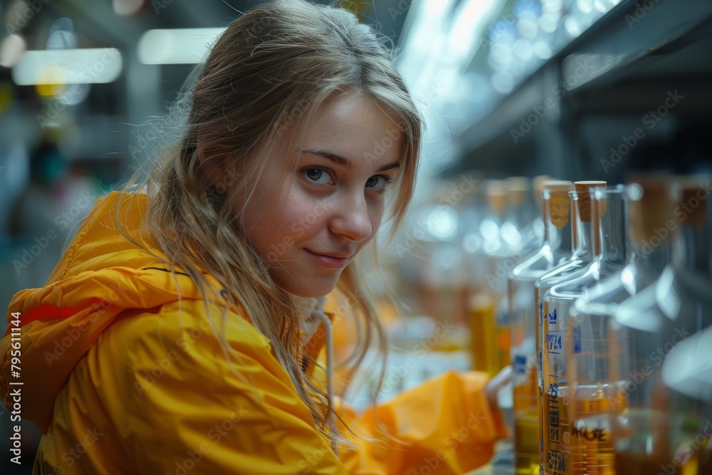 Smiling young girl in a lab coat conducts experiments with lab equipment in a lab