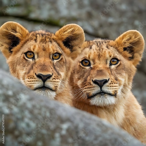 Lion cubs behind the rock