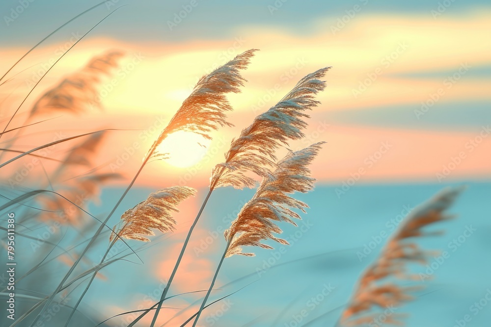 Tranquil Coastal Sunset: Dry Grass and Sea Tranquil Coastal Sunset: Dry Grass and Sea