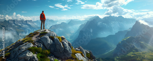 A lonely man enjoys the view of the summer mountains while standing on a mountain peak, contemplating nature alone with his thoughts.