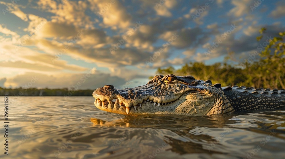 Fototapeta premium A Close-Up of an Alligator Lurking in the Waters. Generative AI