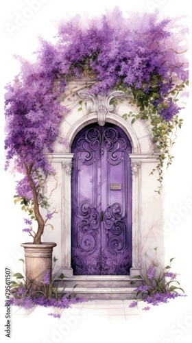 Illustration of purple door architecture lavender flower.