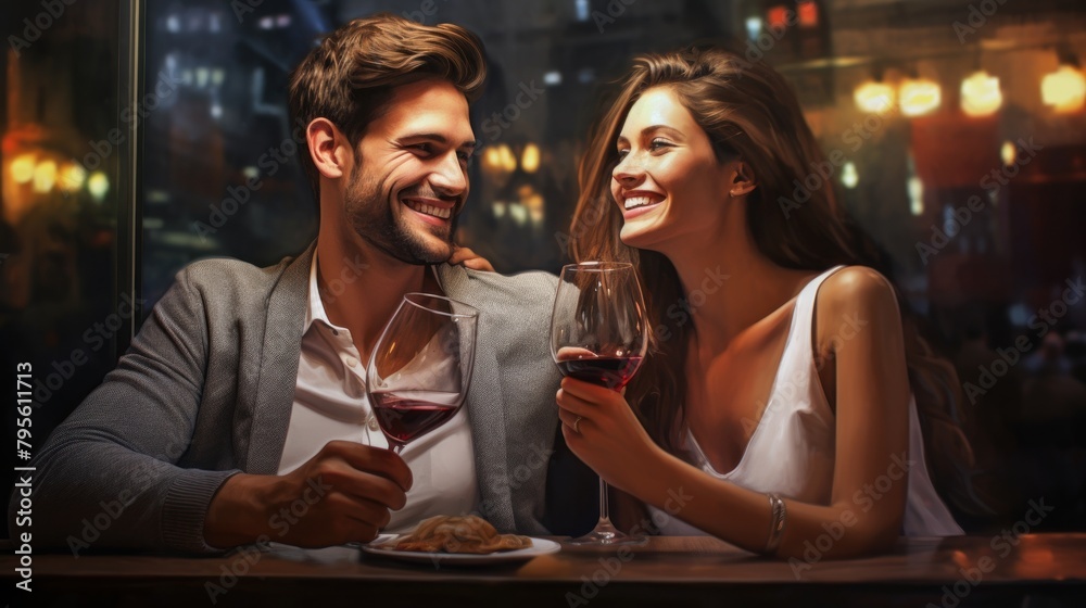 Beautiful loving young couple with glasses of red wine in a luxury restaurant, a couple enjoying an evening date or romantic