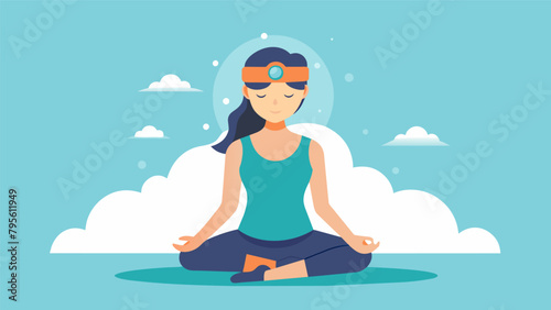 A woman sitting in a meditation pose using a neurotech headband to train her mind to remain calm and focused during weatherrelated emergencies..
