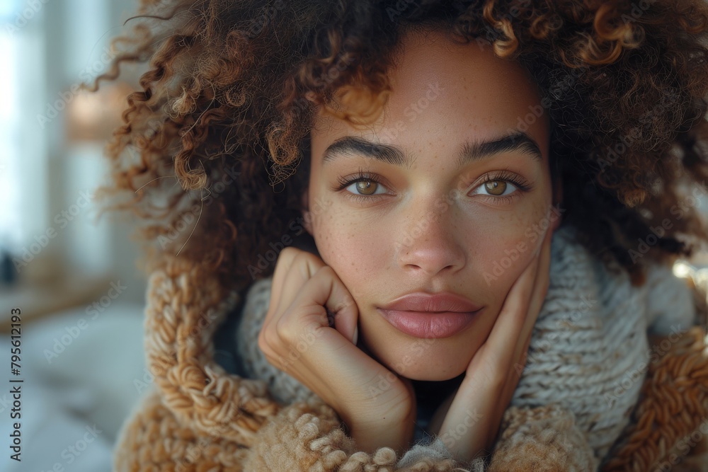 A striking image of a young woman with curly hair and a gentle expression, wearing neutral colors that complement her appearance