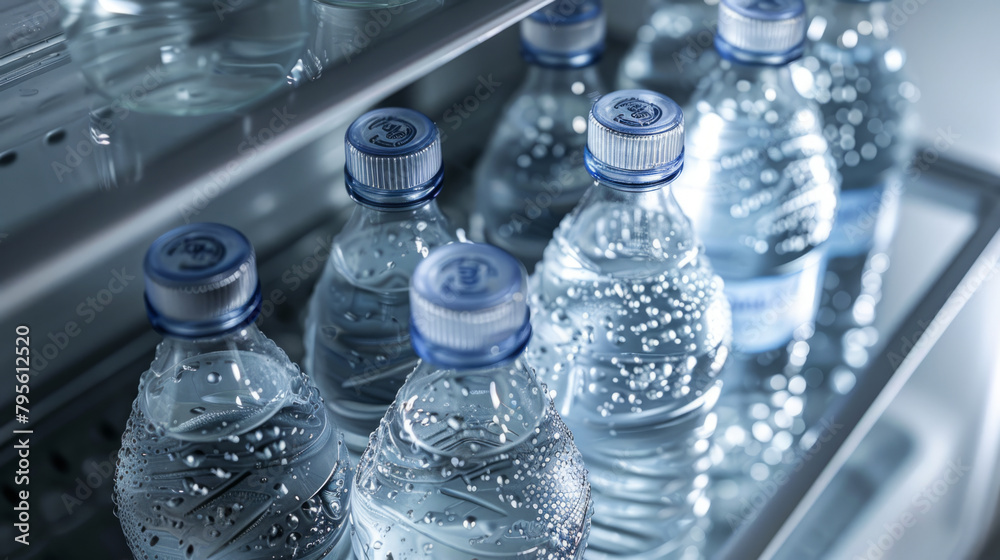 Plastic water bottles with condensation in a refrigerator Plastic water bottles with condensation in a refrigerator
