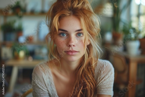 Striking close-up of a freckled woman with blue eyes and messy hair, looking intently at the camera
