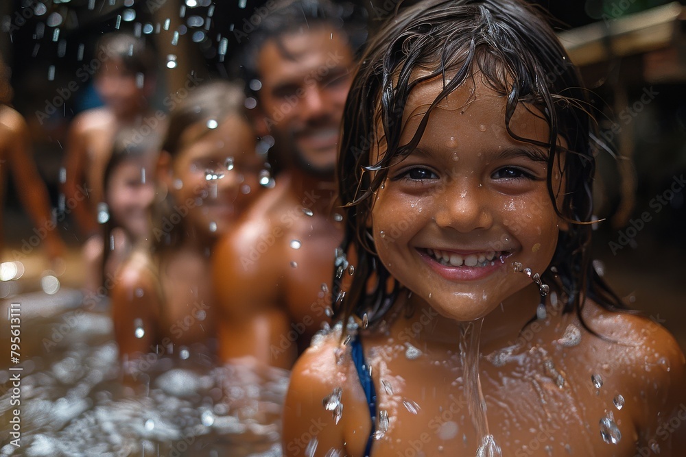 Obraz premium An exuberant child beams with pure joy amidst splashing water, capturing the essence of playful childhood
