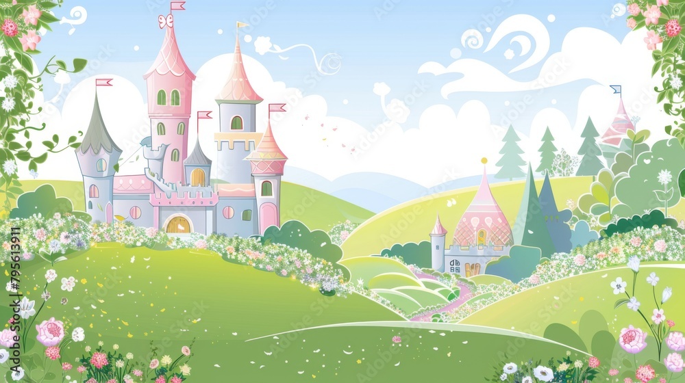 Enchanted Fairytale Castle in Blossoming Spring Landscape