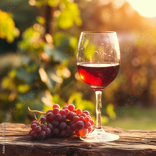 Elegant Glass of Red Wine Resting on Rustic Vineyard Branch - Wine Tasting  Nature-Inspired Beverage Presentation